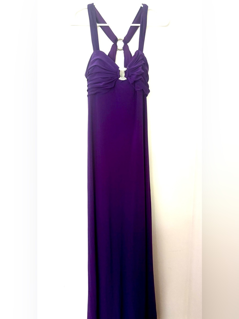 Morgan 4 Ever Purple Ruched Halter Maxi Dress with Rhinestone Ring